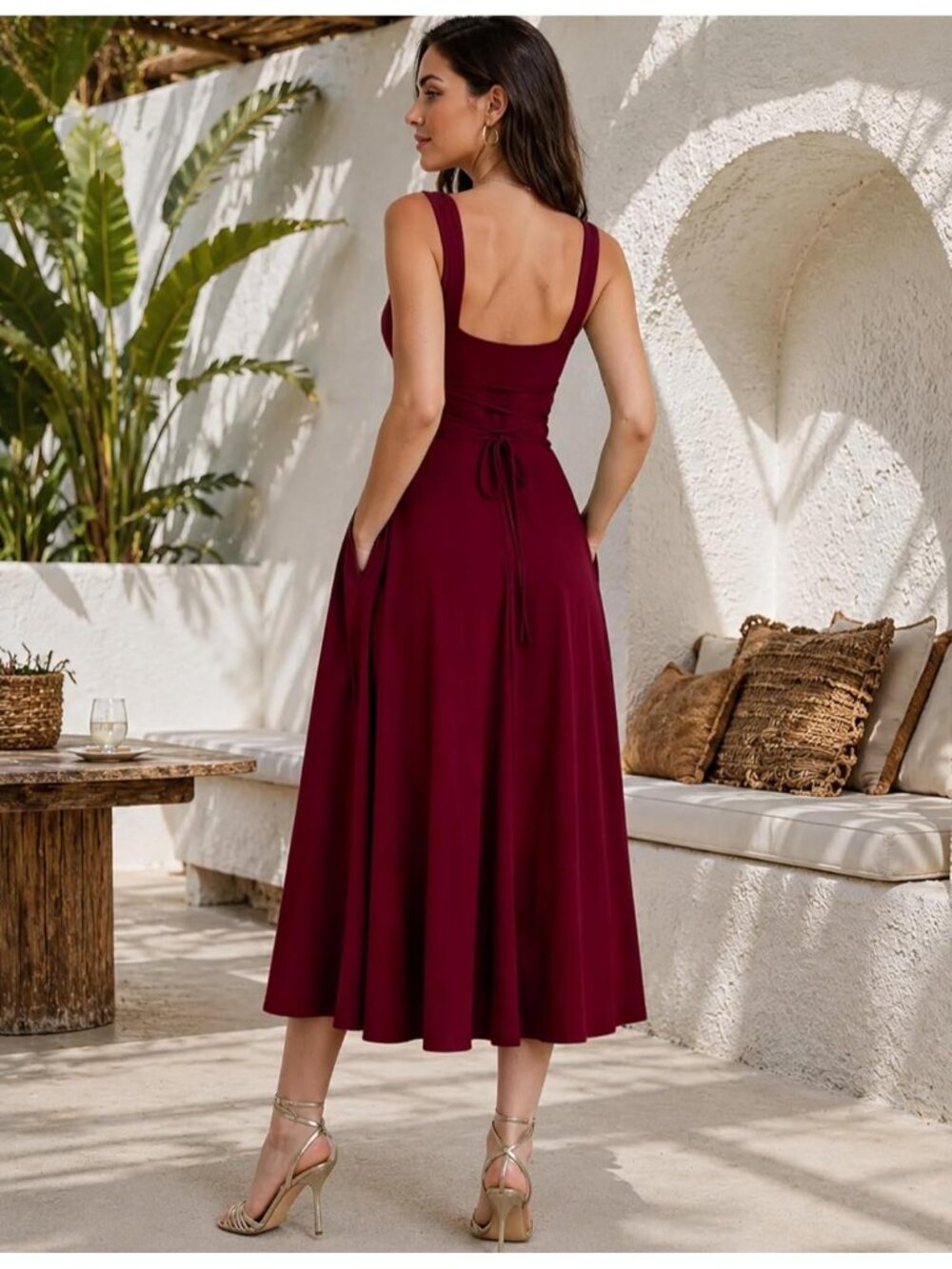 〽️Women's Red Square Neck Side Pocket Sleeveless Wedding Guest PartyMaxi Dress - Picture 2 of 6